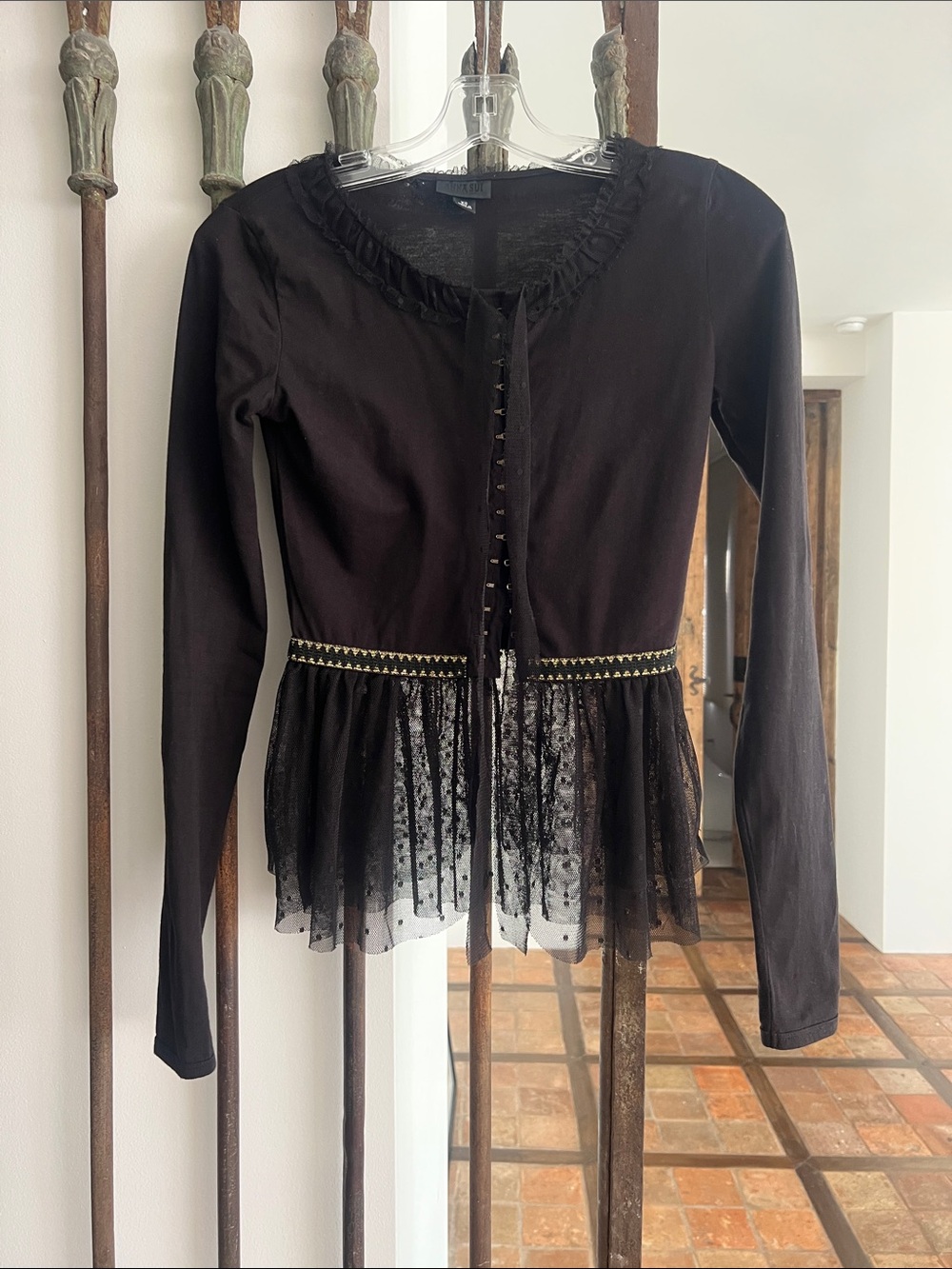 Anna Sui Black Lace-Trim Button Down Peplum Top